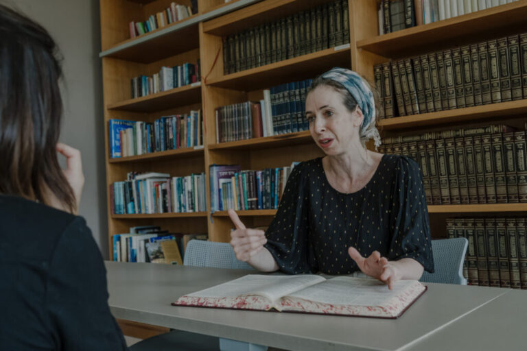 Ruth Agiv, who sat for examinations administered by the Chief Rabbinate of Israel, attends a women’s Torah study session at Matan in Ra’anana.