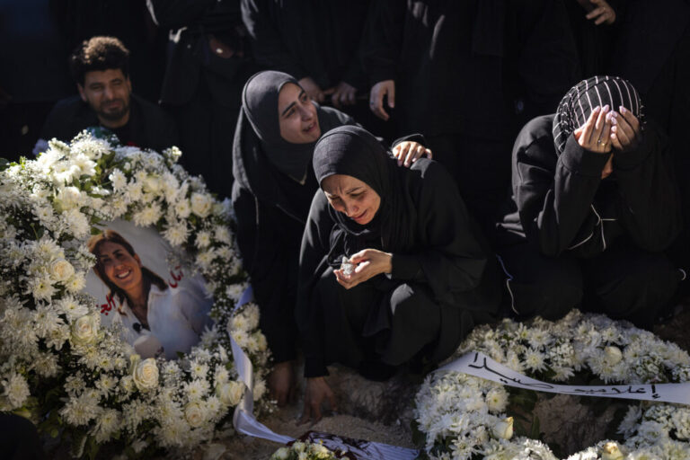 Baissariyeh, Lebanon. On April 23, 2026, Mourners attended the funeral of Amal Khalil, a journalist who was killed in an Israeli attack in south Lebanon. Diego Ibarra Sánchez