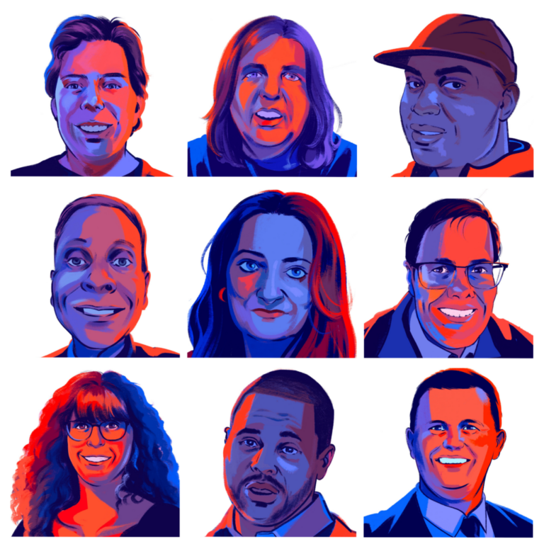 Swing Shift voters, a group of swing voters in swing states who NPR is routinely speaking with through the next several months. Clockwise from top left: Lee from Nevada, Michelle from Michigan, Wally from Georgia, Jason from North Carolina, Evan from Wisconsin, Gerald from Georgia, Colleen, John and Theresa from Pennsylvania.