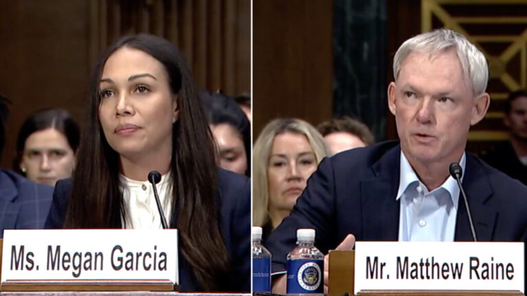 Megan Garcia and Matthew Raine are shown testifying on Sept. 16, 2025. They are sitting behind microphones and name placards in a hearing room.