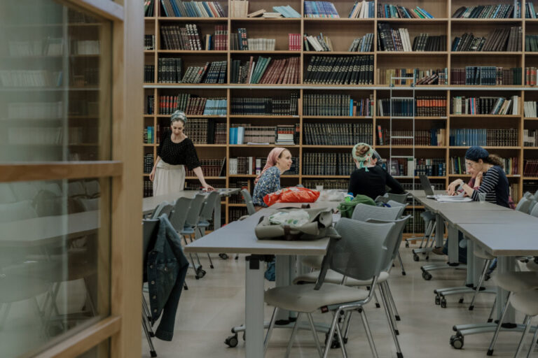 May 25, 2026, Ra’anana, Israel - Students at Matan, a women’s institute for Torah studies, sit in small study groups during a Torah class.