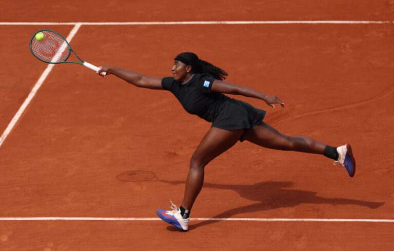 Hailey Baptiste of United States plays a forehand against Madison Keys of United States during the Women's Singles Fourth Round match on Day Nine of the 2025 French Open at Roland Garros on June 02, 2025 in Paris, France.