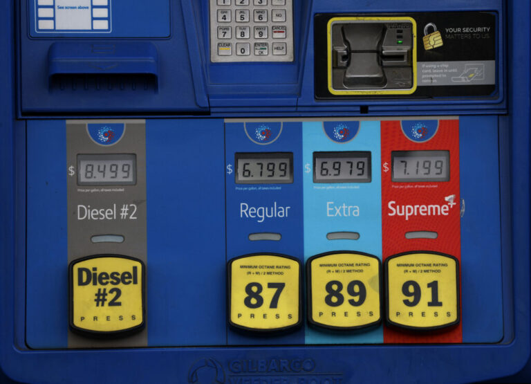 Gas prices over $6 a gallon are displayed on the digital screens on gas pumps at a Mobil station in Los Angeles on May 4.
