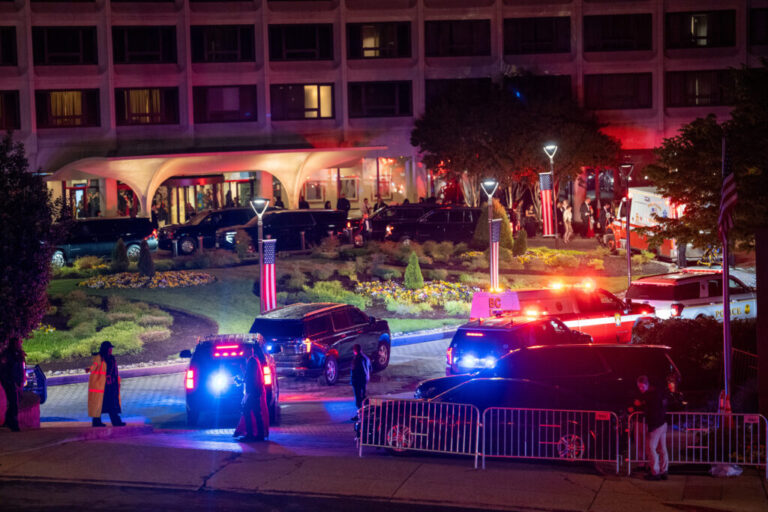 Law enforcement surrounds the Washington Hilton Hotel where shots were fired near the White House Correspondents' Association Dinner featuring President Donald Trump in Washington, D.C., on April 25.