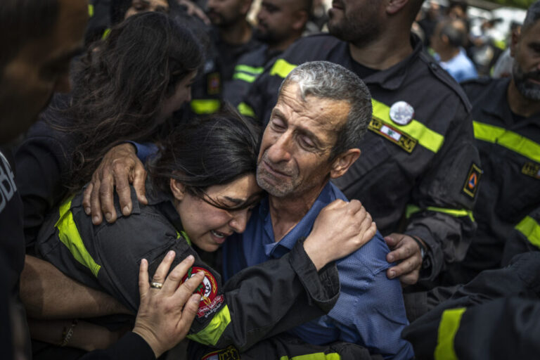 Saida, Lebanon — May 13, 2026. The father of Hussein Jaber, who was killed in an Israeli strike on the southern town of Nabatieh on May 12, 2026, cries during the funeral ceremony.