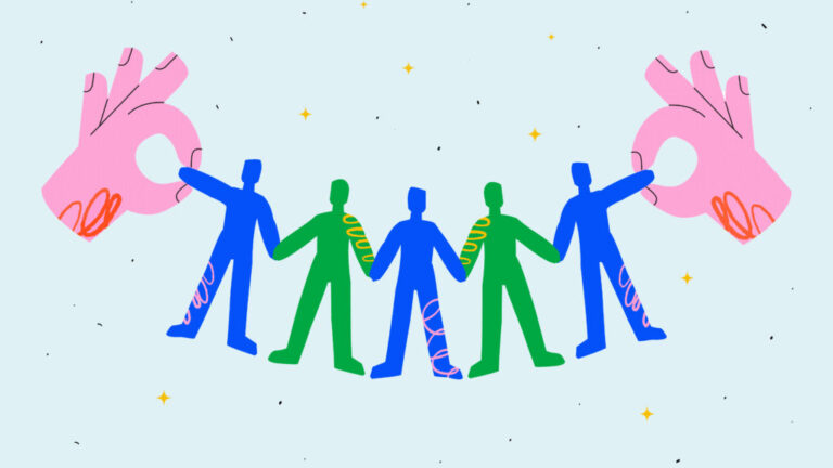 An illustration shows two floating pink hands holding a string of paper cutout people that are attached at the hands. The colors of the paper cutout people alternate between green and blue. The image symbolizes the concept of building community.