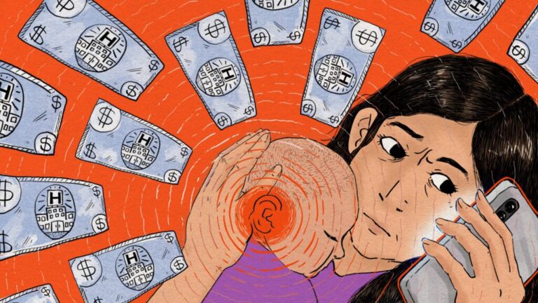 A woman with a baby worries about medical bills. The baby has a hearing problem.