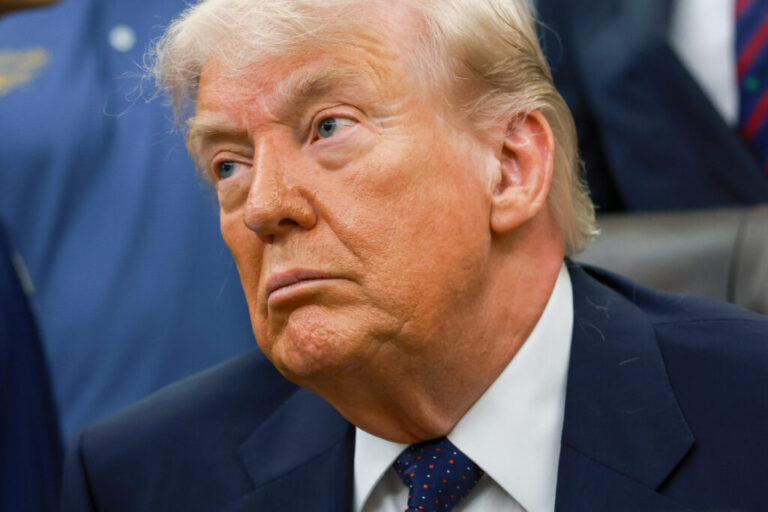President Trump looks on during a proclamation signing in the Oval Office of the White House on May 5.
