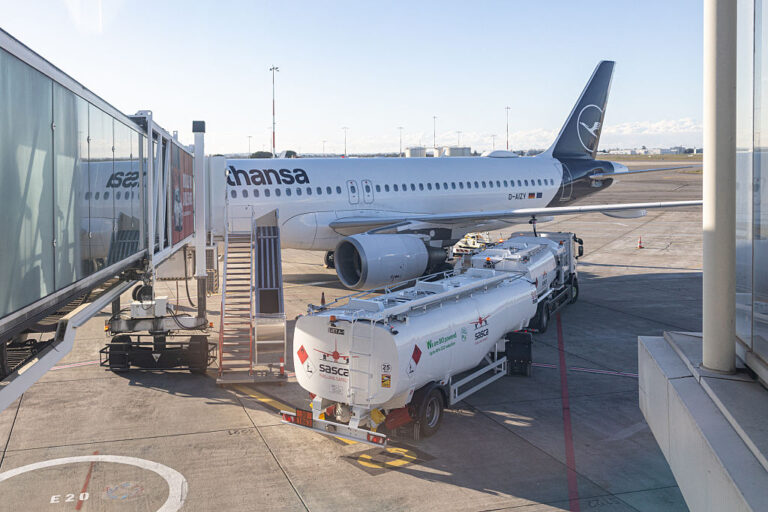 A Lufthansa passenger jet refuels at the gate at Toulouse-Blagnac Airport in France in March 2026.