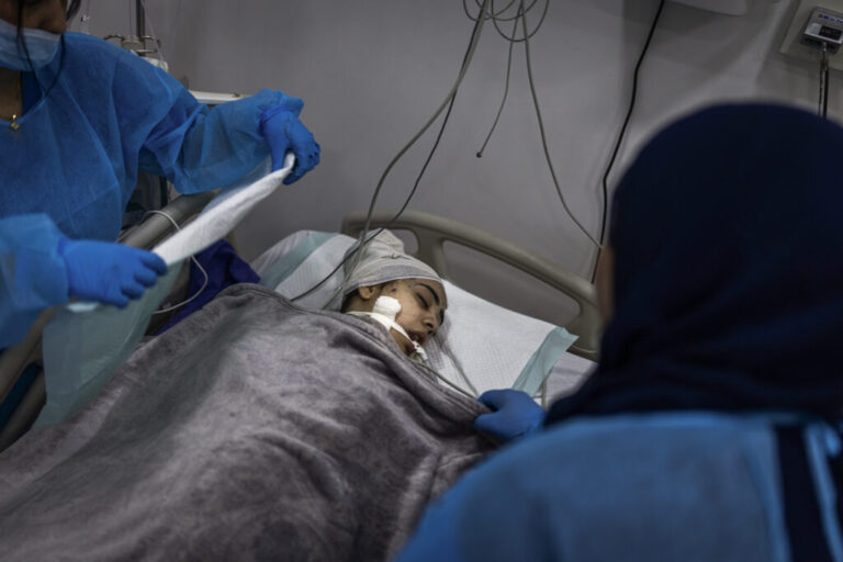 Nabatieh, Lebanon. May 14, 2026. Nurses tend to a young member of the Farhat family, wounded in an Israeli strike that struck her home in Arabsalim on May 13, 2026, killing most of her family.. Diego Ibarra Sánchez