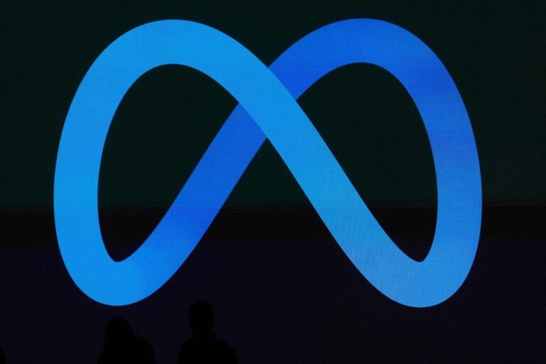 A Meta logo is shown on a video screen at LlamaCon 2025, an AI developer conference, in Menlo Park, Calif., April 29, 2025.