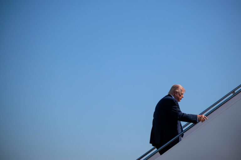 President Trump boards Air Force One after speaking to reporters on Wednesday.
