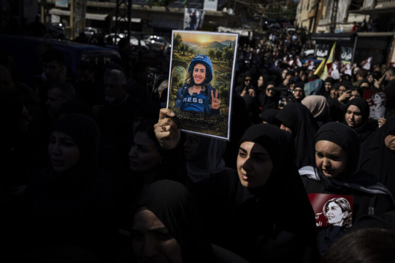 Baissariyeh, Lebanon. On April 23, 2026, Mourners attended the funeral of Amal Khalil, a journalist who was killed in an Israeli attack in south Lebanon. Diego Ibarra Sánchez