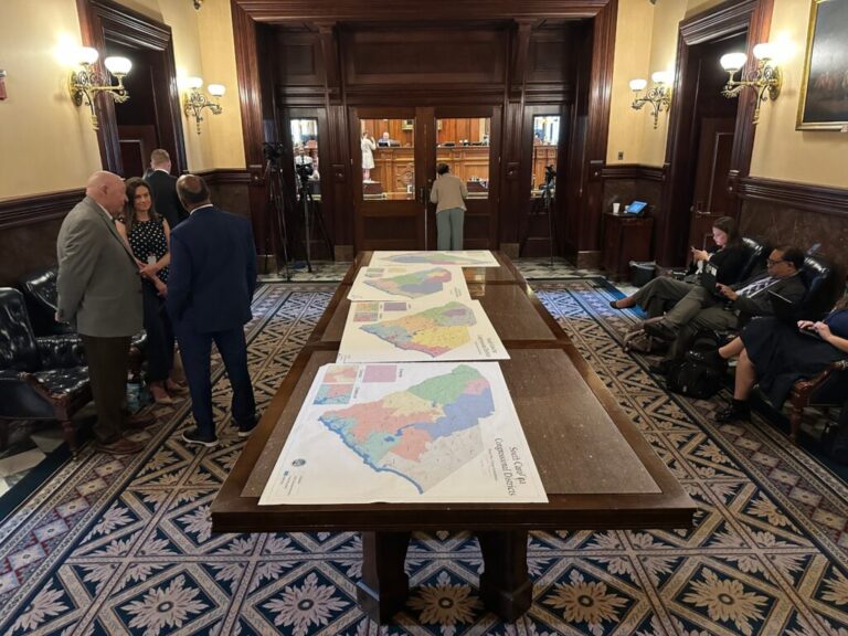 Maps for new congressional districts in South Carolina are shown in the South Carolina Senate antechamber on Friday.