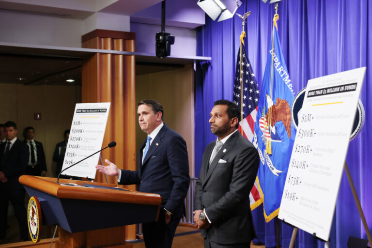 Acting U.S. Attorney General Todd Blanche speaks alongside Federal Bureau of Investigation Director Kash Patel a news conference last month to announce charges against to the Southern Poverty Law Center. They allege the group funneled over $3 million into the pockets of white supremacist and extremists groups.