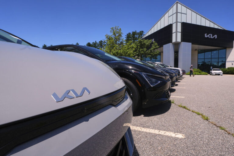 A selection of Kia EV6 electric sedans are displayed at a dealership in Manchester, N.H., in July. The EV6 is eligible for a federal tax credit worth up to $7,500 for buyers under a certain income cap. And like all electric vehicles, it's eligible for a $7,500 tax credit on a lease. But the tax credits are expiring on Sept. 30th.