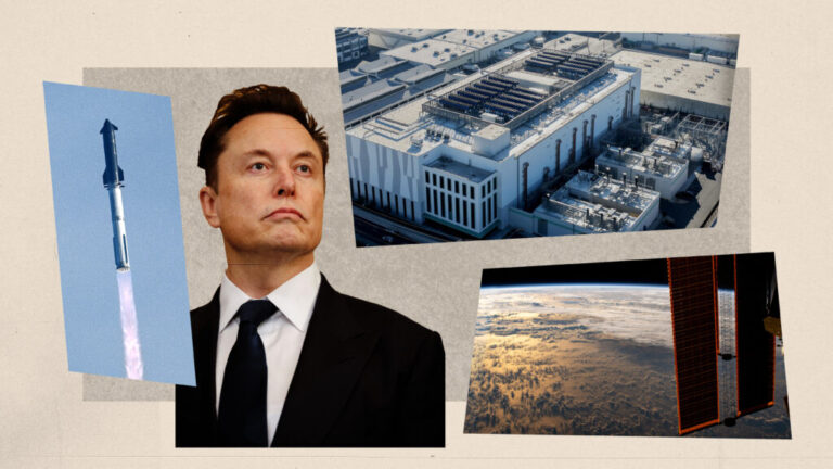 This collage shows photos of a SpaceX Starship spacecraft taking flight, Elon Musk, a data center in California and the International Space Station above Earth. Many of the photos are in the shapes of parallelograms or trapezoids.