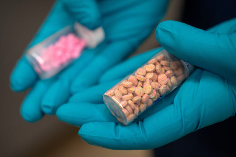 A forensic chemist with the Drug Enforcement Administration holds vials of fentanyl pills at a DEA research laboratory in this file photo. Fentanyl deaths are plunging in the U.S, but the recovery is threatened by a new