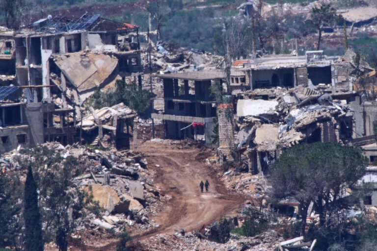 Two Israeli soldiers operate in southern Lebanon, as seen from northern Israel, April 29, 2026