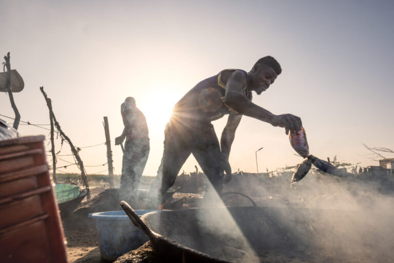 A man processes fish by deep frying them in the fishing village of Kalokol on the shore of Lake Turkana in northern Kenya. Fish from the lake is exported as far afield as the Democratic Republic of Congo.