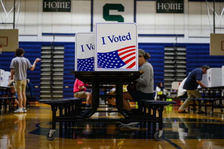Voters cast their ballots at South Oldham Middle School on May 19 in Crestwood, Ky.