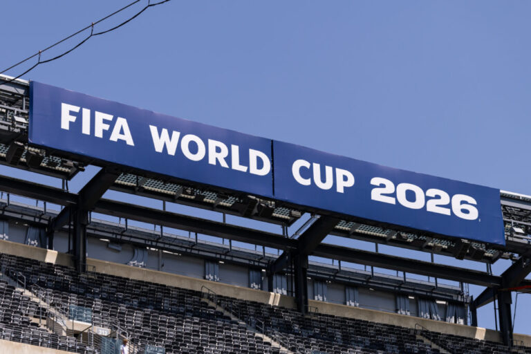 A view of World Cup signage at New York New Jersey Stadium on May 19 in East Rutherford, N.J., one of 11 sites where matches will be played in the U.S.