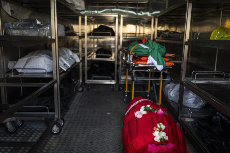 Nabatiyeh, Lebanon — May 13, 2026. The bodies of Lebanese Civil Defense members Hussein Jaber and Ahmad Noura, who were killed in an Israeli strike on the southern town of Nabatieh on May 12, 2026, in the morgue. Diego Ibarra Sánchez for NPR.