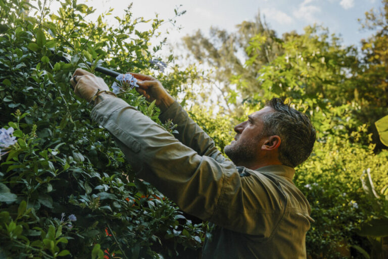 John Follmer prunes back plants at the Japanese garden on the West LA Veterans Affairs campus in April.