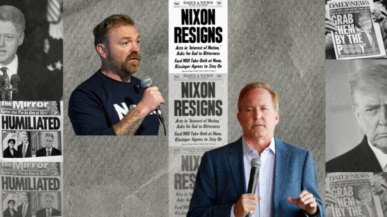 A collage of Graham Platner and Ken Paxton, who are running for Senate and facing controversies, among photos of former President Bill Clinton and President Trump. There are photos of newspaper headlines about Clinton and Trump's scandals and former President Richard Nixon resigning.