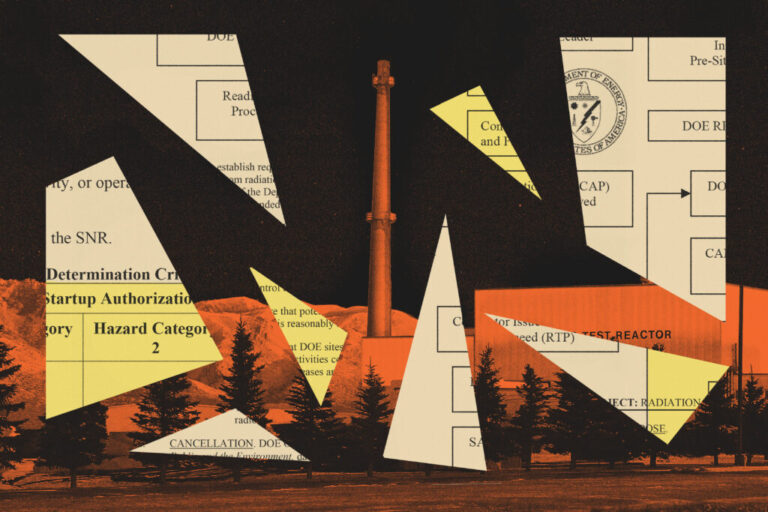 A collage showing the Idaho National Laboratory nuclear facility covered with fragments of documents from the Department of Energy.