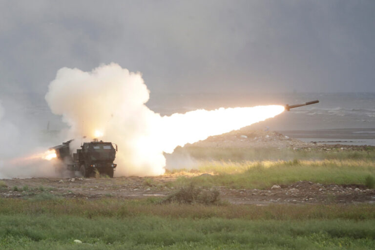 A rocket is launched from a High Mobility Artillery Rocket System (HIMARS) during a military live-fire shooting training in Taichung City, Taiwan, Wednesday, June 10, 2026.