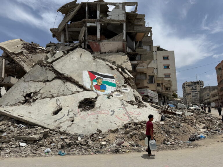 A mural of Lamine Yamal amongst destruciton in Gaza on June 15, 2026.