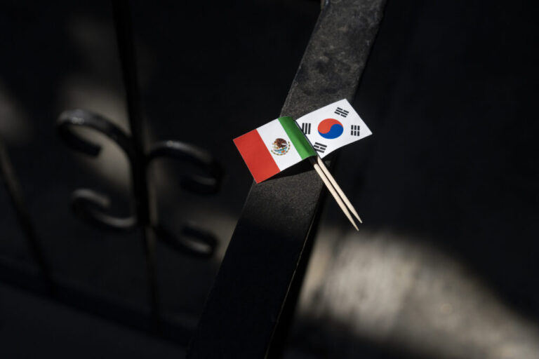 Los Angeles, California — June 11, 2026: Detail of flags at the home of Mirella Vargas and her husband, Bonyub Koo. The couple met in South Korea in 2019 while Mirella was working there and bonded early over soccer and the FIFA World Cup, often rooting for different national teams.