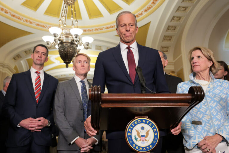 Senate Majority Leader John Thune (R-SD) speaks during a news conference following a weekly policy luncheon with Senate Republicans at the U.S. Capitol on June 02, 2026 in Washington, D.C. Thune was joined by U.S. Sen. Tom Cotton (R-AK), U.S. Sen. James Lankford (R-OK), U.S. Sen. John Barrasso (R-WY) and U.S. Sen. Shelley Moore Capito (R-WV).