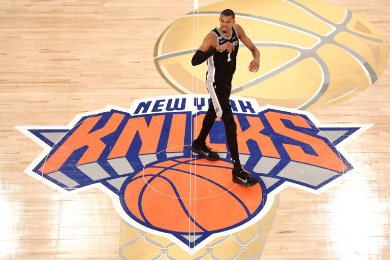 Victor Wembanyama, #1 of the San Antonio Spurs, reacts during the second quarter against the New York Knicks in Game 3 of the 2026 NBA Finals at Madison Square Garden on June 8 in New York City.
