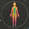 An illustrated outline of a person filled with rainbow colors stands alone in a circle, surrounded by a dark background with stars and colorful streaks circling outside of a sphere.