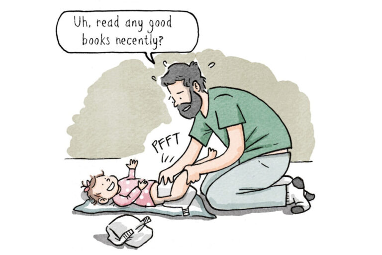 IMAGE: Dad changing baby’s diaper. Baby toots. Arrow points to daughter: My daughter Elika.
NAVIED: Uh, read any good books recently?