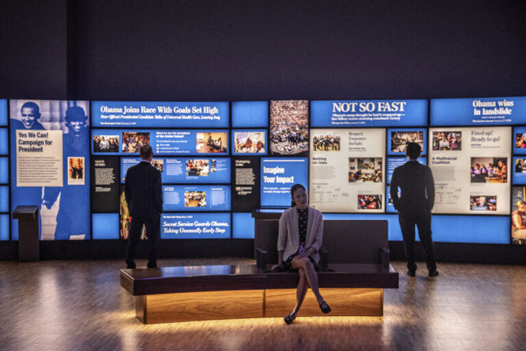The second level of the museum chronicles the movements that inspired the Obamas and their political rise. LUCY HEWETT FOR NPR