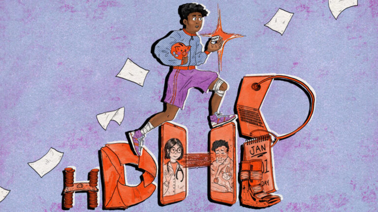 A man carrying a piggy bank climbs stairs shaped like the letters HDHP, which stand for high deductible health plan.