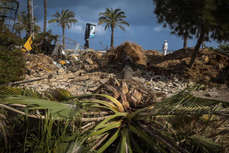A trail of destruction is visible after Israeli airstrikes hit residential areas in Tyre on June 8, 2026.