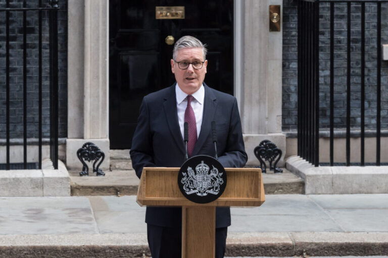 British Prime Minister Keir Starmer gives a speech outside 10 Downing Street announcing his resignation following mounting political pressure in London, on Monday.