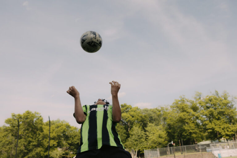 Taim Nadin, 13, center, of the Palestino Soccer Academy participates in an evening practice at Frank D Zaccaria Memorial Park in Woodland Park, New Jersey, U.S., on Saturday, June 6, 2026. CREDIT: José A. Alvarado Jr. for NPR, @josealvarado