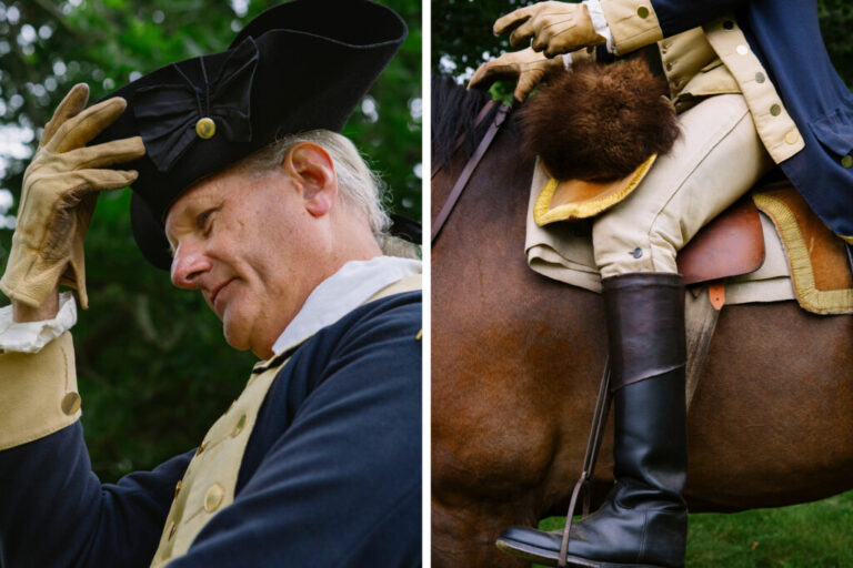 Reenactor John Koopman III, playing George Washington, is seen on his horse, Bear. Koopman used part of a small inheritance to purchase a period-accurate saddle ans clothing.