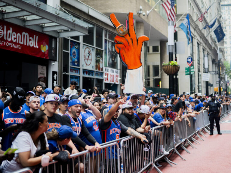The New York Knicks celebrate winning the 2026 NBA Championship with a ticker tape parade at City Hall.