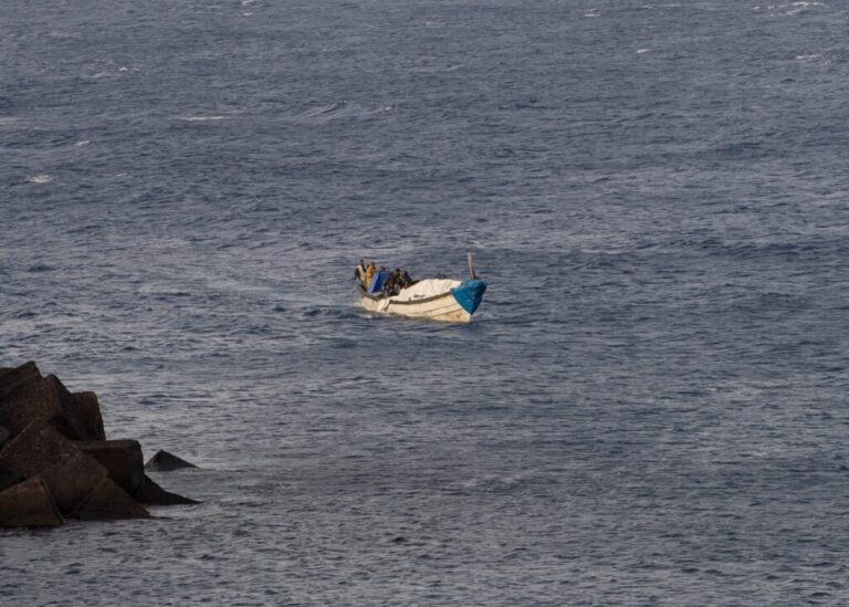 A 'cayuco' boat with 57 migrants onboard arrives at La Restinga port on the Canary island of El Hierro, on September 14, 2024.