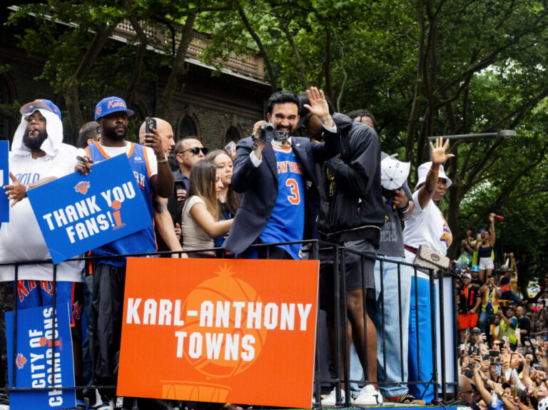 New York City Mayor Zohran Mamdani celebrates the New York Knicks winning the 2026 NBA Championship during a ticker tape parade at City Hall.