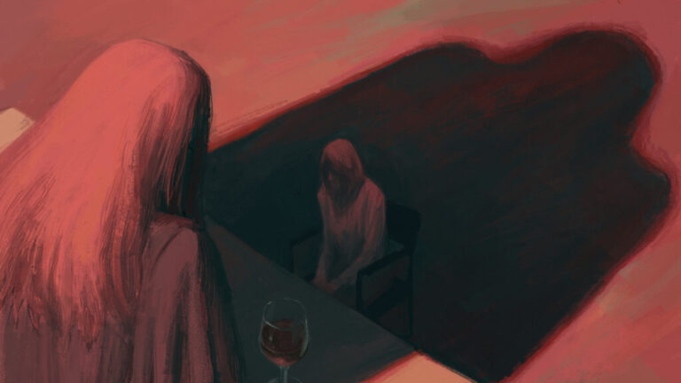 An illustration of a female judge with a glass of wine on her desk looms over a nervous female law clerk.