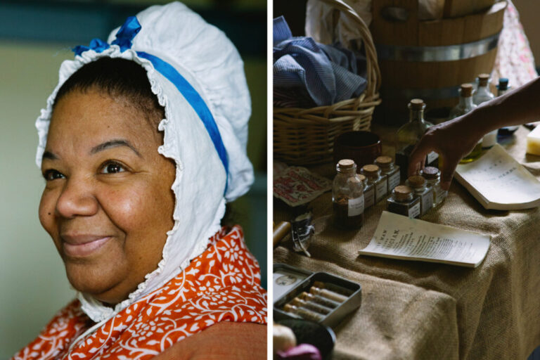 Reenactor Leslie Bramlett, playing George Washington’s enslaved cook Hannah Till, stands for a portrait after preparing a display that represents the women of color who played a pivotal role in Washington’s army