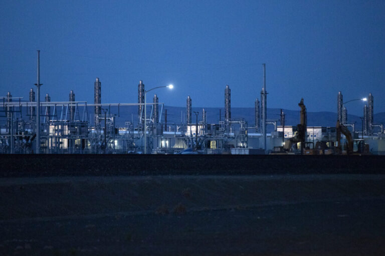 A Microsoft data center is shown as the sun sets in Quincy, Washington.