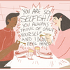 Illustration of a couple sitting across from one another at a fancy restaurant. The partner on the left says